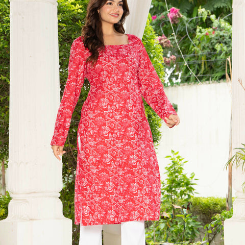 Women Dark Pink Floral Printed Cotton Corset Long Kurti