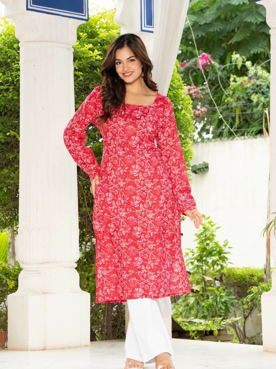 Women Dark Pink Floral Printed Cotton Corset Long Kurti