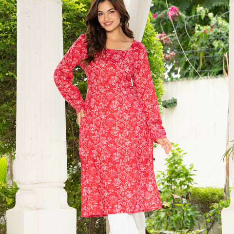 Women Dark Pink Floral Printed Cotton Corset Long Kurti