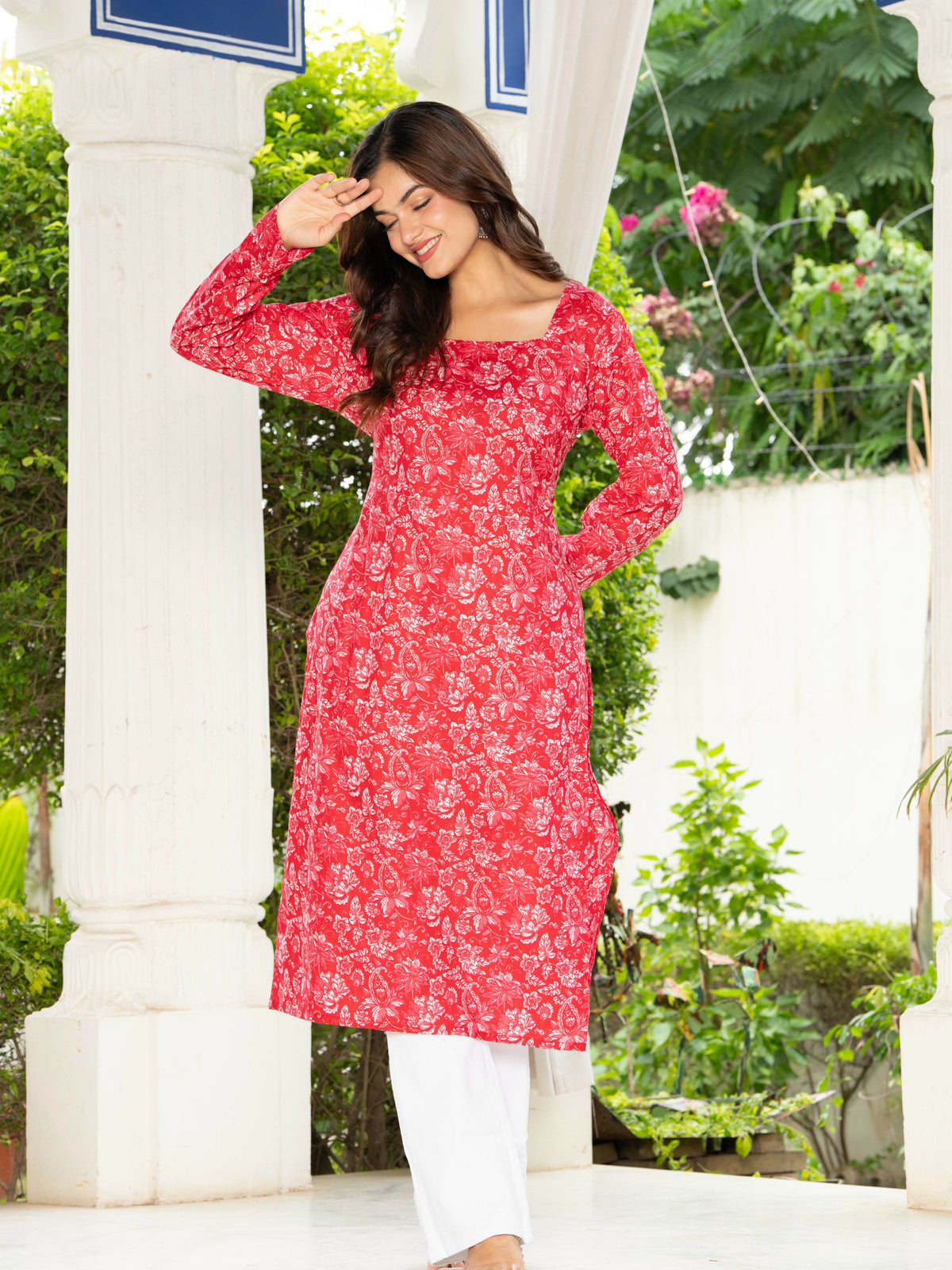 Women Dark Pink Floral Printed Cotton Corset Long Kurti