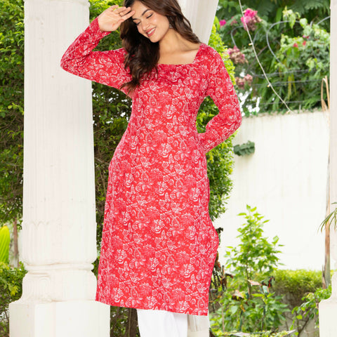 Women Dark Pink Floral Printed Cotton Corset Long Kurti
