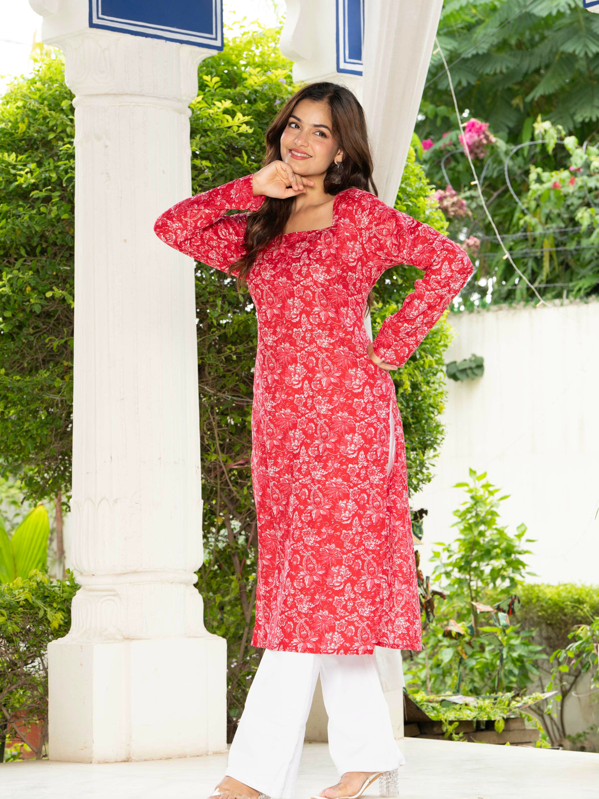 Women Dark Pink Floral Printed Cotton Corset Long Kurti