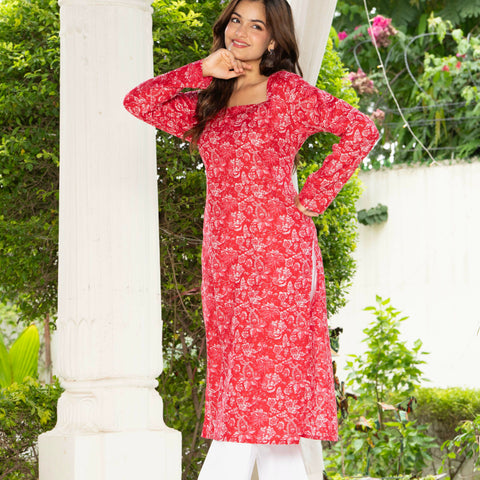 Women Dark Pink Floral Printed Cotton Corset Long Kurti