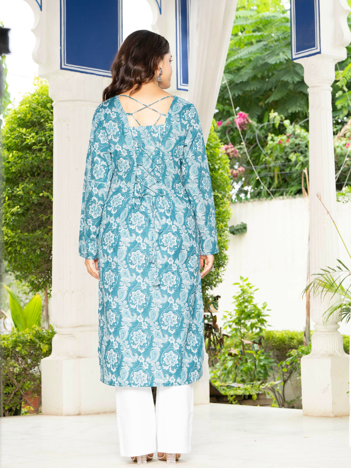 Women Sky Blue Floral Printed Cotton Corset Long Kurti