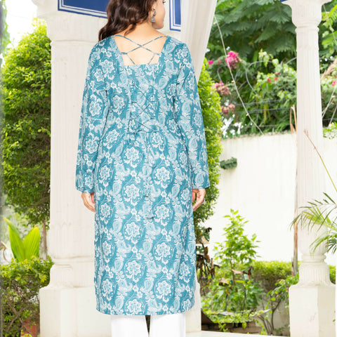 Women Sky Blue Floral Printed Cotton Corset Long Kurti