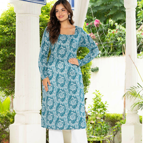 Women Sky Blue Floral Printed Cotton Corset Long Kurti