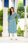 Women Sky Blue Floral Printed Cotton Corset Long Kurti