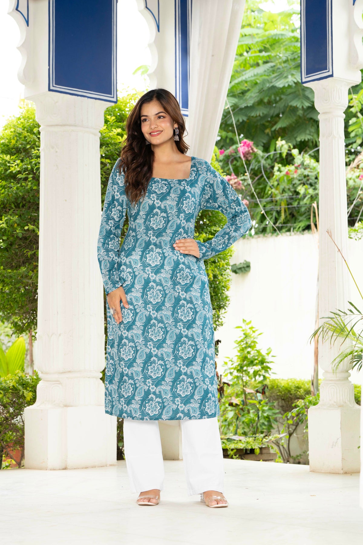 Women Sky Blue Floral Printed Cotton Corset Long Kurti