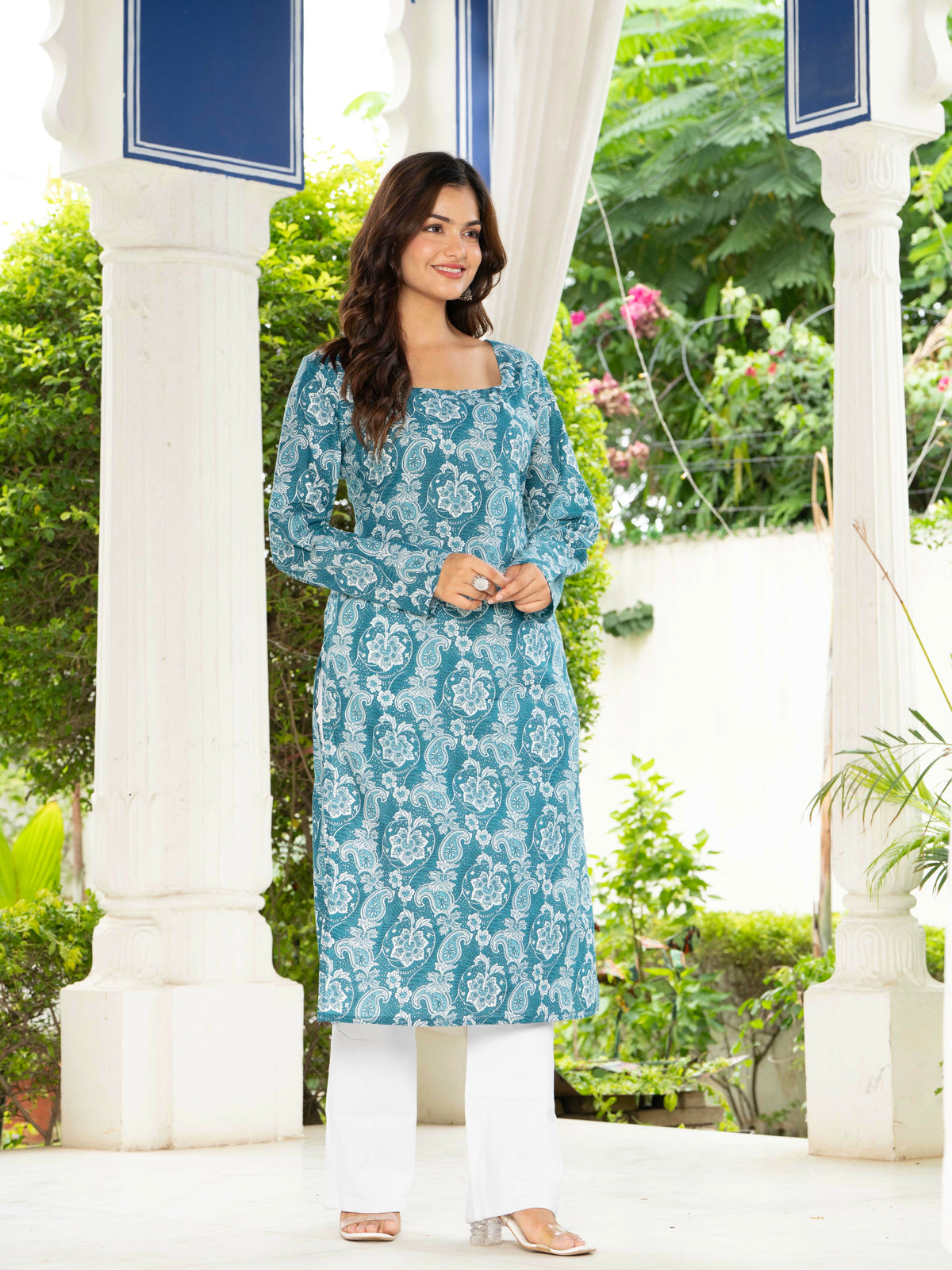 Women Sky Blue Floral Printed Cotton Corset Long Kurti