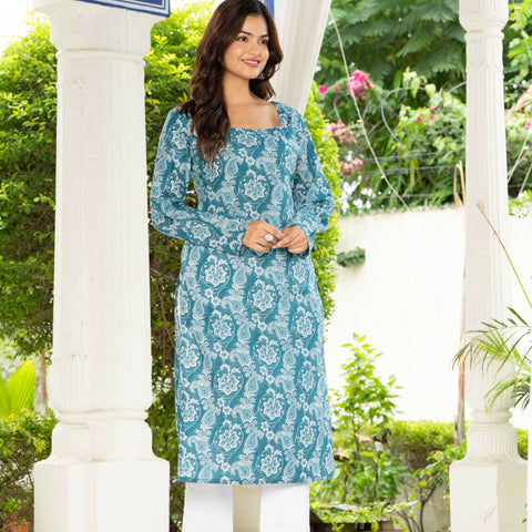Women Sky Blue Floral Printed Cotton Corset Long Kurti