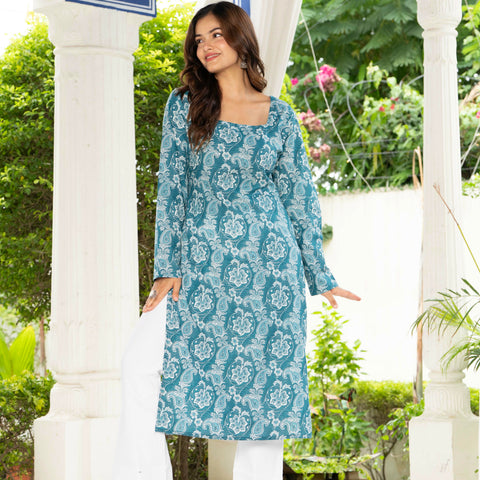 Women Sky Blue Floral Printed Cotton Corset Long Kurti