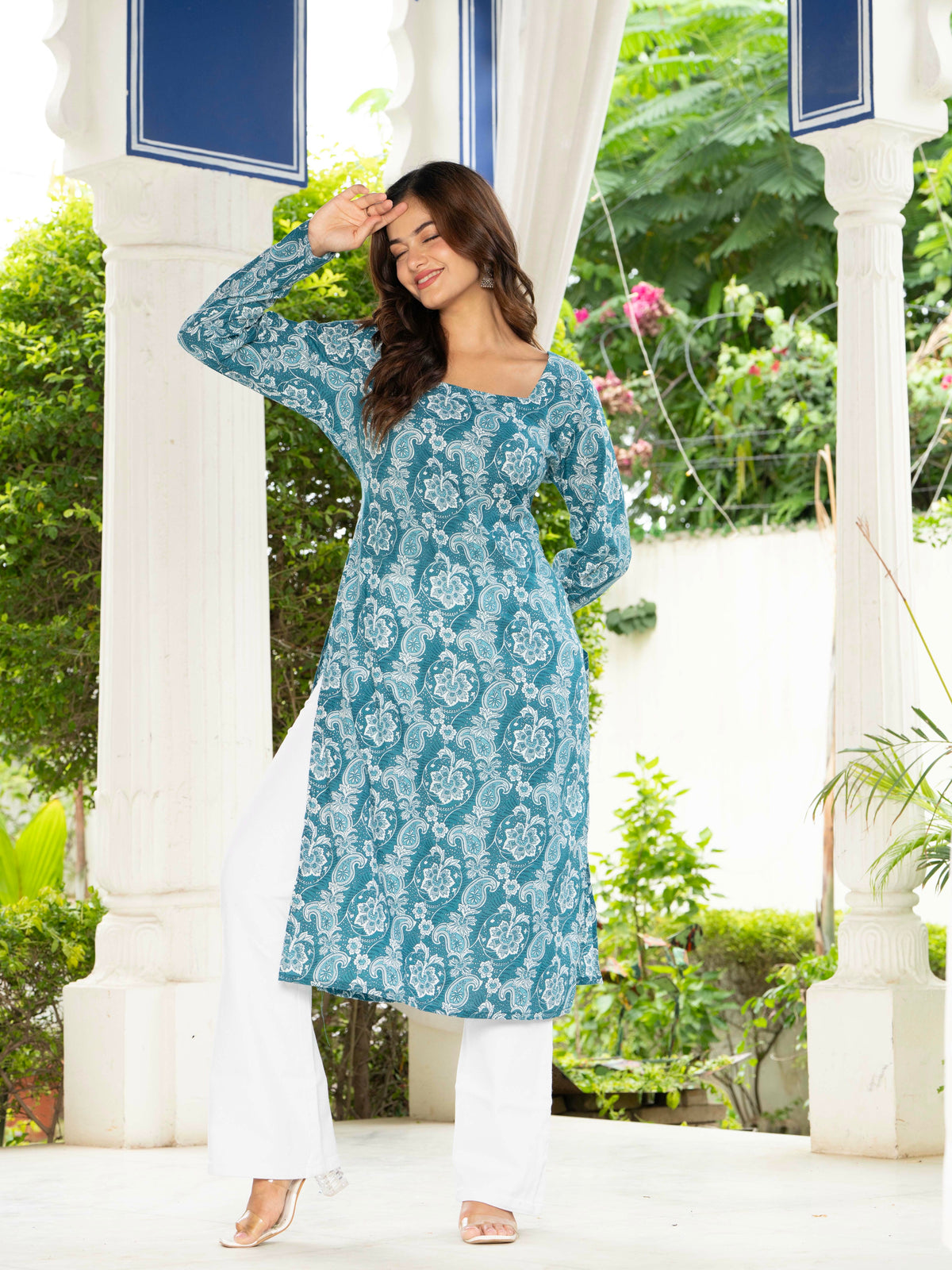 Women Sky Blue Floral Printed Cotton Corset Long Kurti