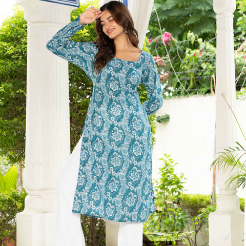 Women Sky Blue Floral Printed Cotton Corset Long Kurti