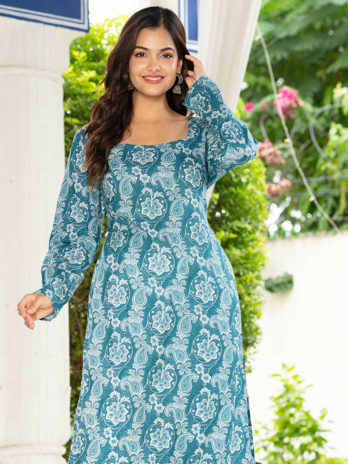 Women Sky Blue Floral Printed Cotton Corset Long Kurti