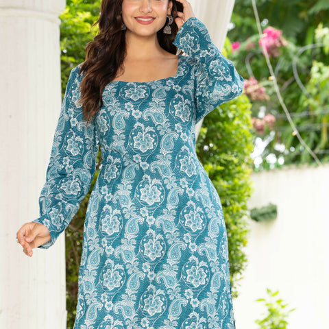 Women Sky Blue Floral Printed Cotton Corset Long Kurti