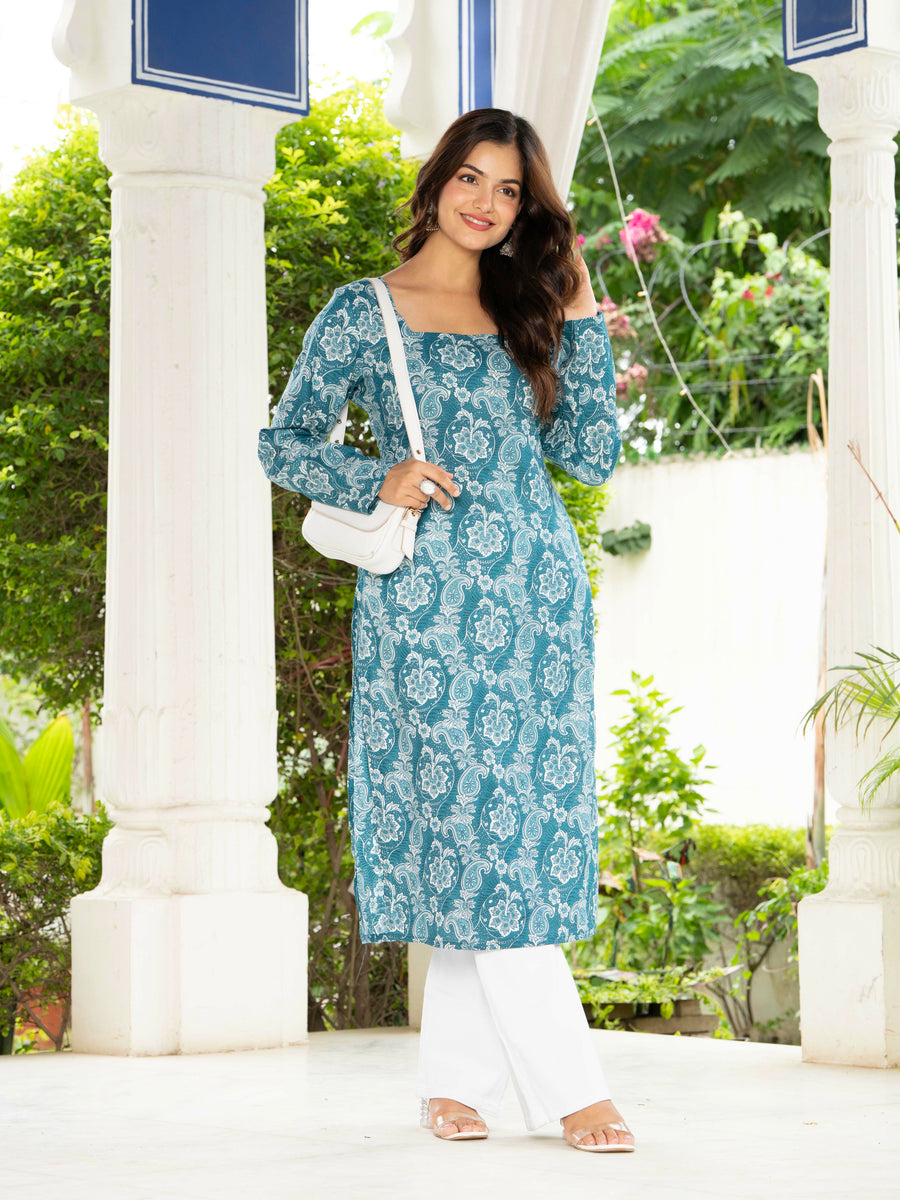 Women Sky Blue Floral Printed Cotton Corset Long Kurti