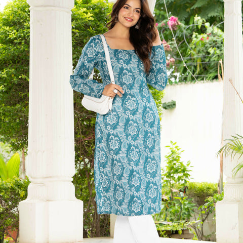 Women Sky Blue Floral Printed Cotton Corset Long Kurti