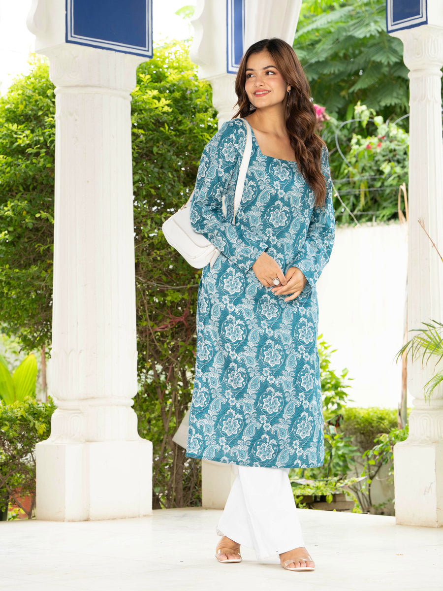 Women Sky Blue Floral Printed Cotton Corset Long Kurti