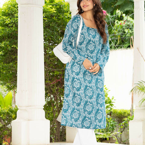 Women Sky Blue Floral Printed Cotton Corset Long Kurti