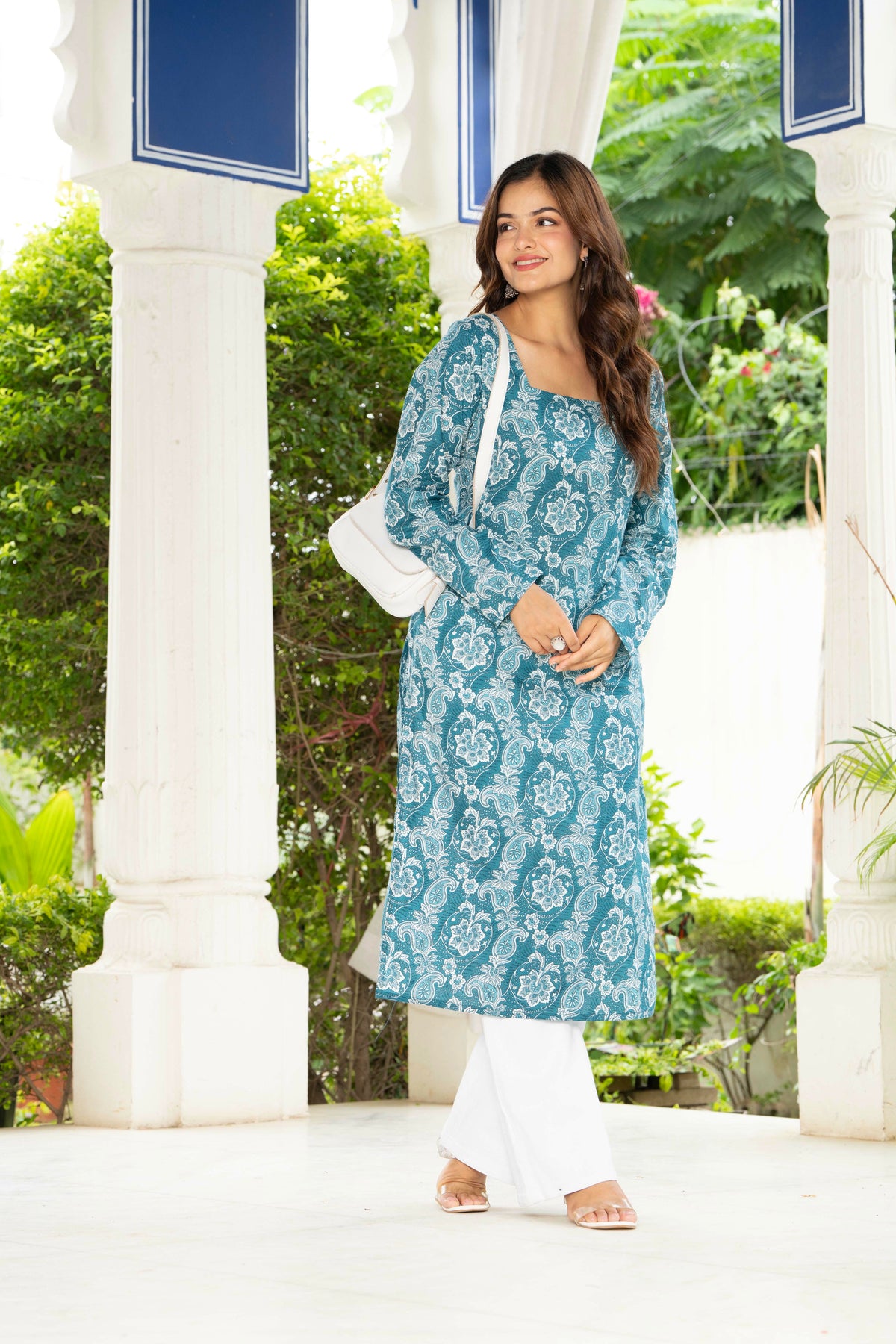 Women Sky Blue Floral Printed Cotton Corset Long Kurti
