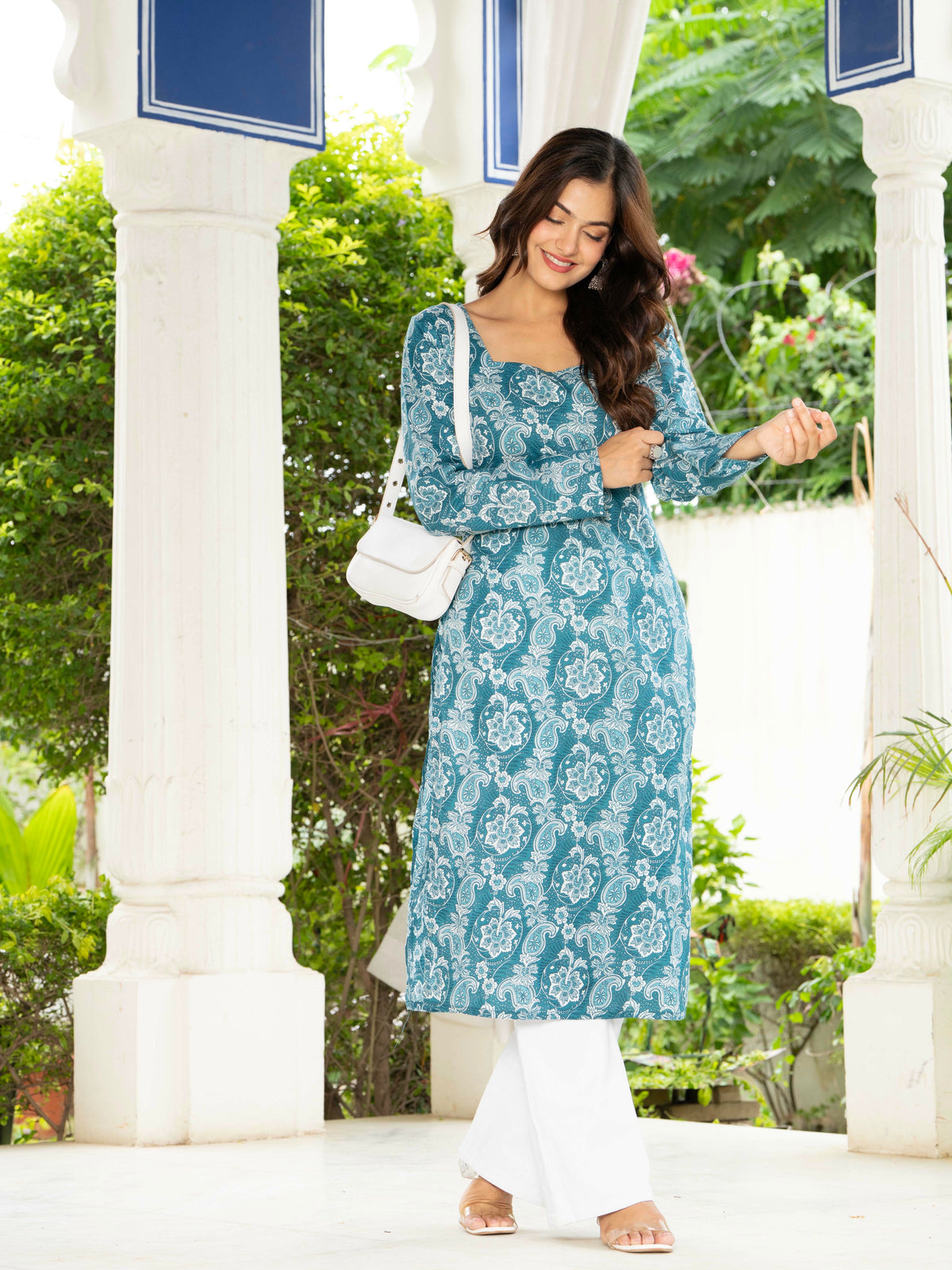Women Sky Blue Floral Printed Cotton Corset Long Kurti