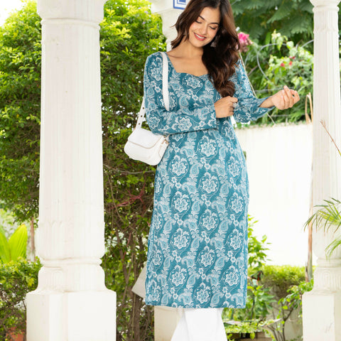 Women Sky Blue Floral Printed Cotton Corset Long Kurti