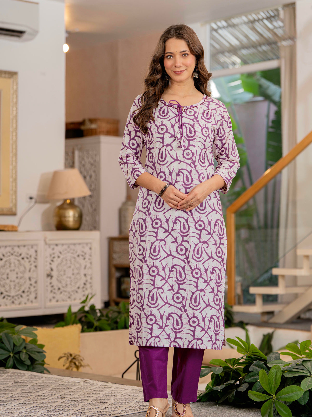 Women Mauve Botanical Print Mirror Work Cotton Kurta Pant Dupatta Set
