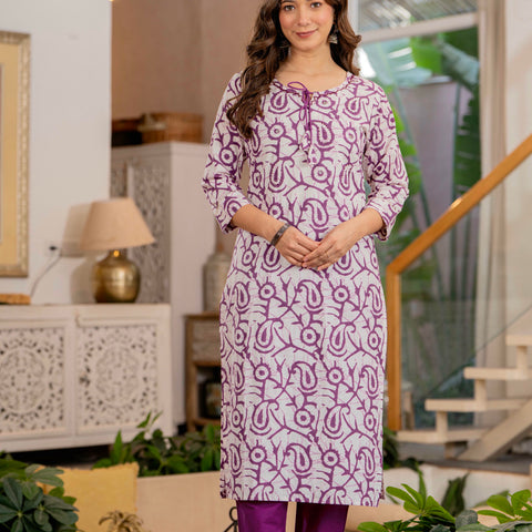 Women Mauve Botanical Print Mirror Work Cotton Kurta Pant Dupatta Set