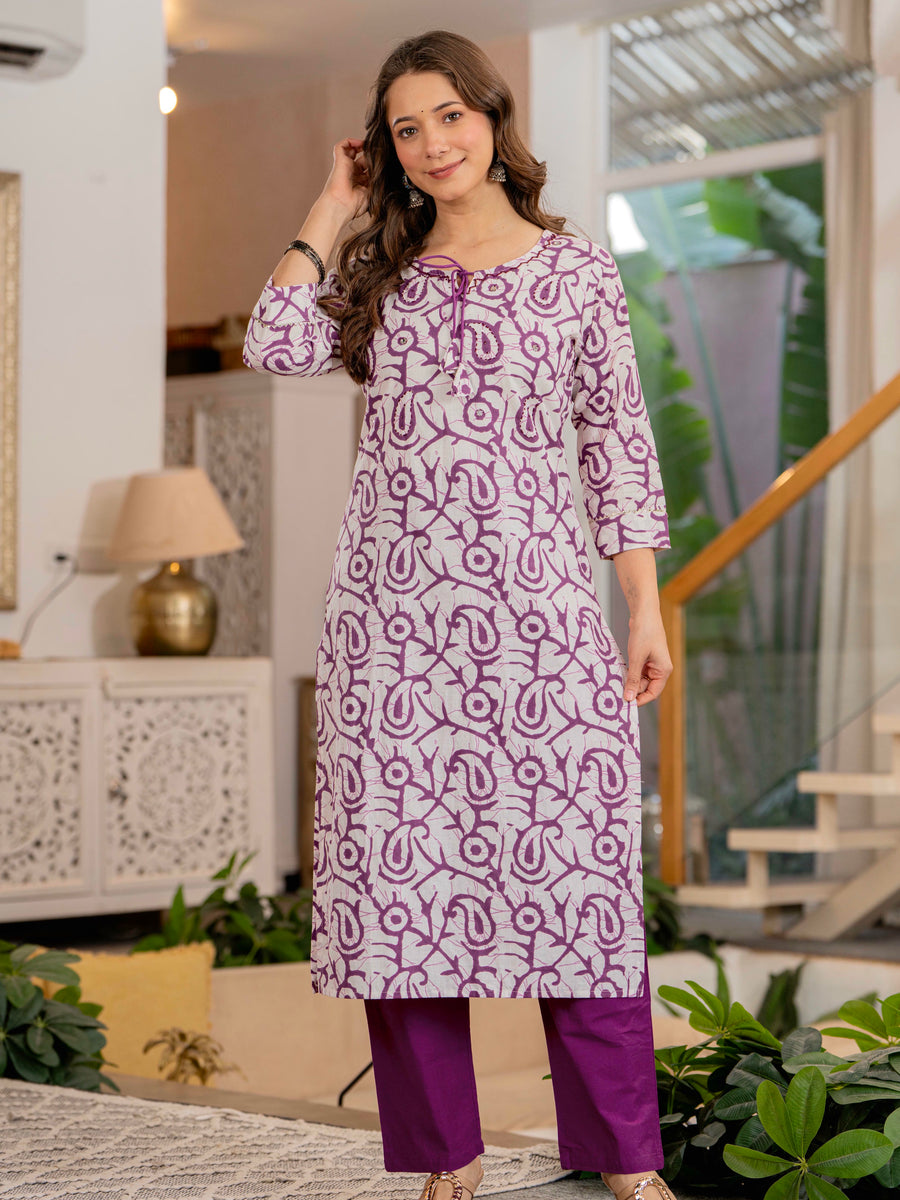 Women Mauve Botanical Print Mirror Work Cotton Kurta Pant Dupatta Set