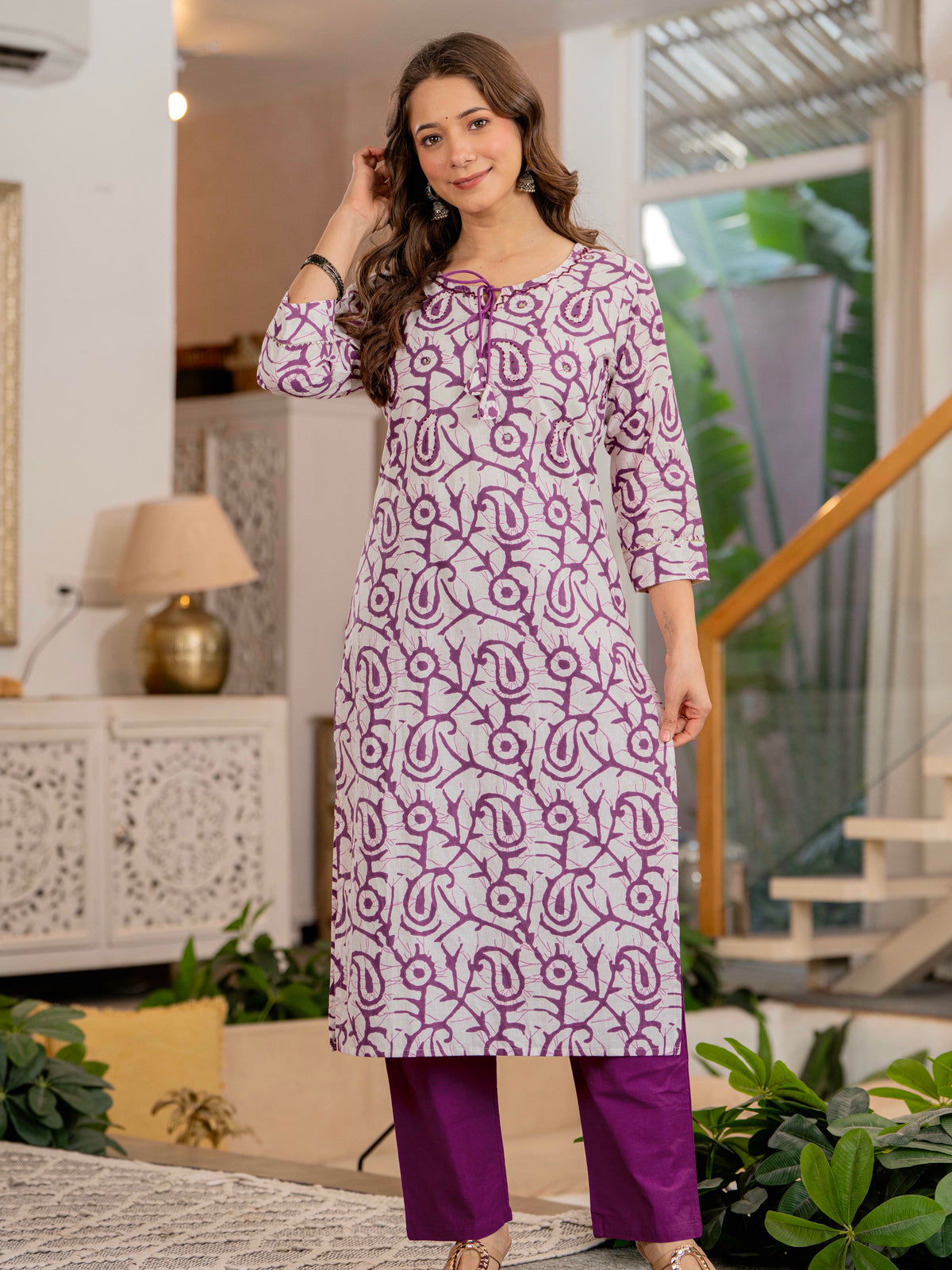 Women Mauve Botanical Print Mirror Work Cotton Kurta Pant Dupatta Set