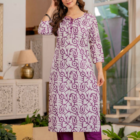 Women Mauve Botanical Print Mirror Work Cotton Kurta Pant Dupatta Set