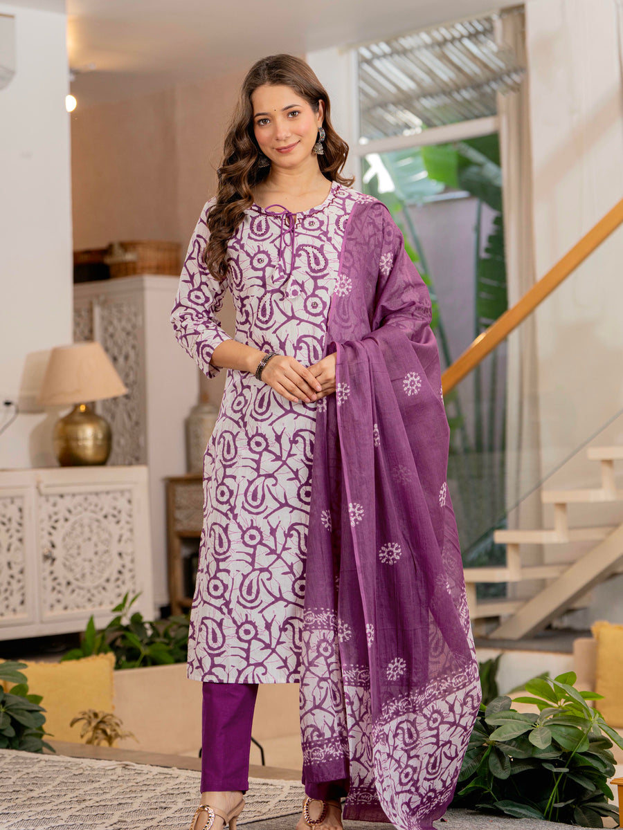 Women Mauve Botanical Print Mirror Work Cotton Kurta Pant Dupatta Set