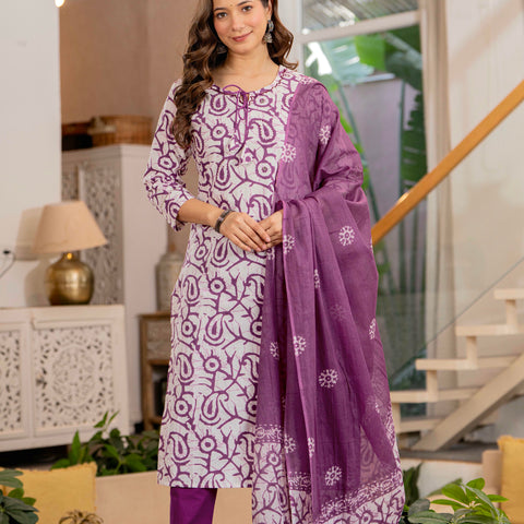 Women Mauve Botanical Print Mirror Work Cotton Kurta Pant Dupatta Set