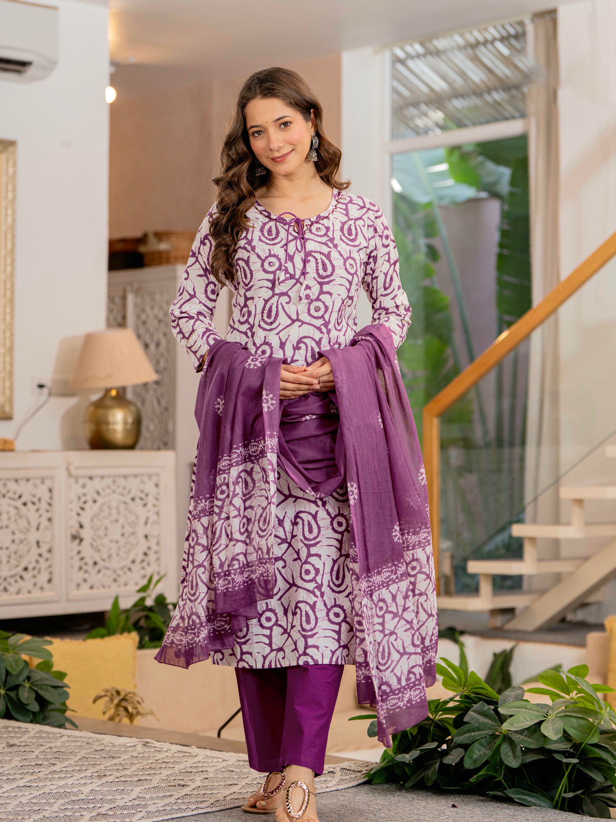 Women Mauve Botanical Print Mirror Work Cotton Kurta Pant Dupatta Set