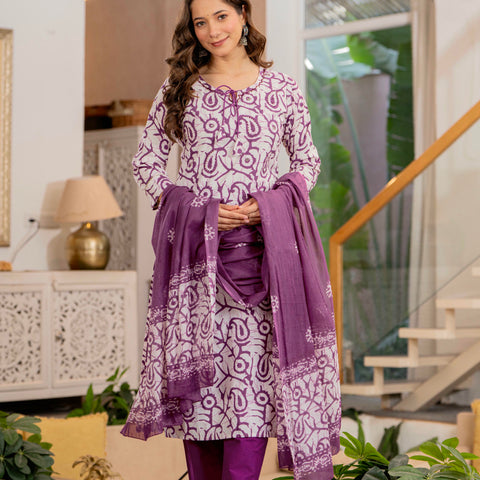 Women Mauve Botanical Print Mirror Work Cotton Kurta Pant Dupatta Set