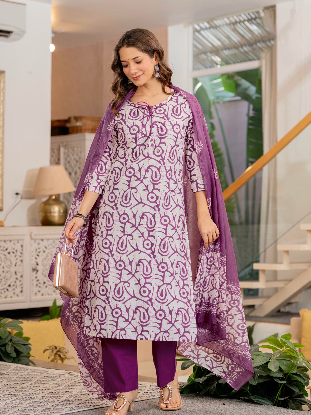 Women Mauve Botanical Print Mirror Work Cotton Kurta Pant Dupatta Set