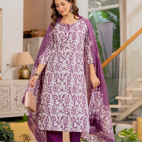 Women Mauve Botanical Print Mirror Work Cotton Kurta Pant Dupatta Set