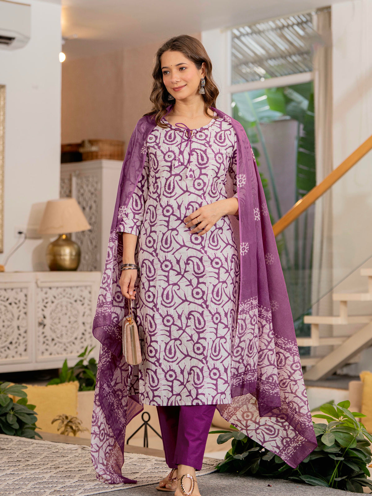 Women Mauve Botanical Print Mirror Work Cotton Kurta Pant Dupatta Set