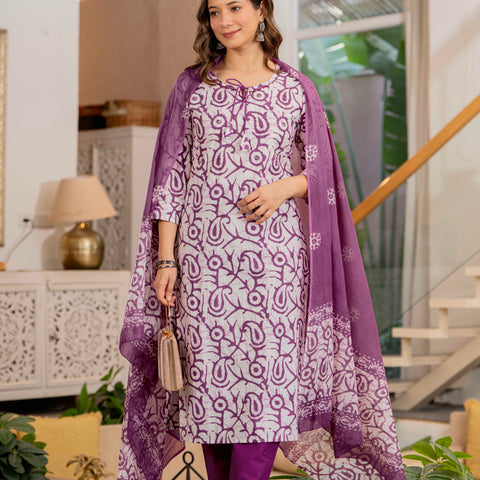 Women Mauve Botanical Print Mirror Work Cotton Kurta Pant Dupatta Set