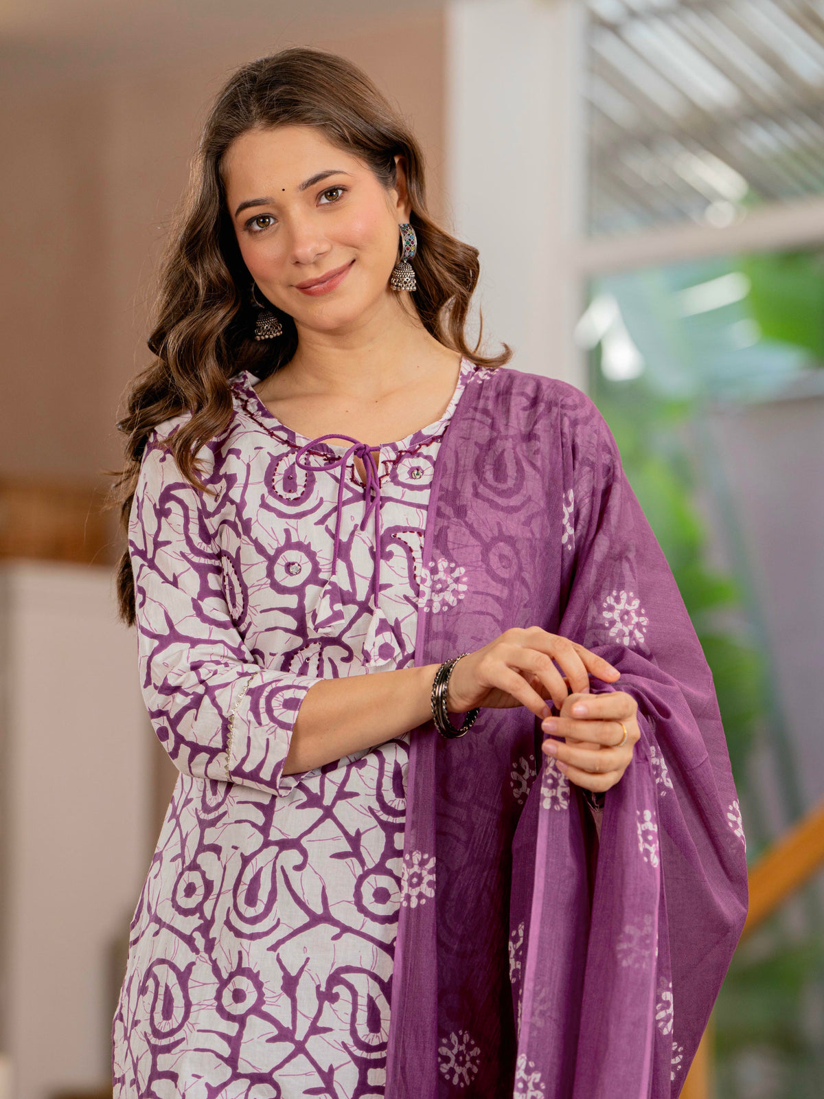 Women Mauve Botanical Print Mirror Work Cotton Kurta Pant Dupatta Set