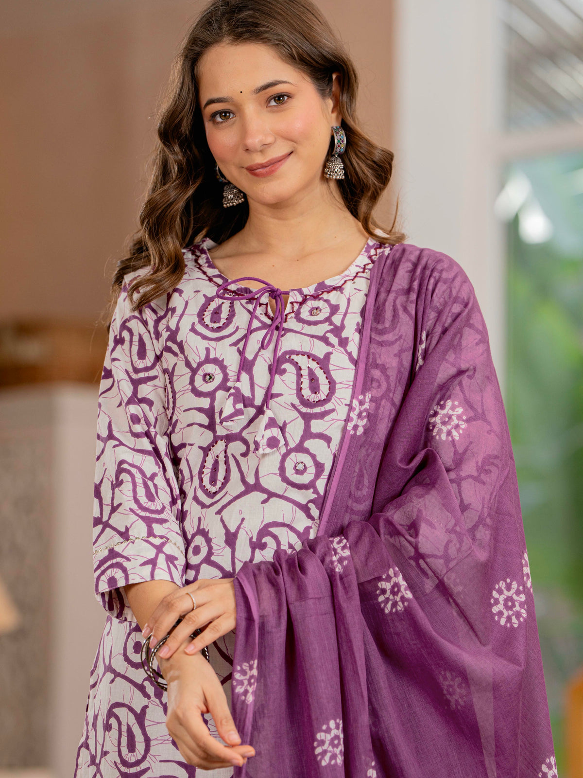 Women Mauve Botanical Print Mirror Work Cotton Kurta Pant Dupatta Set