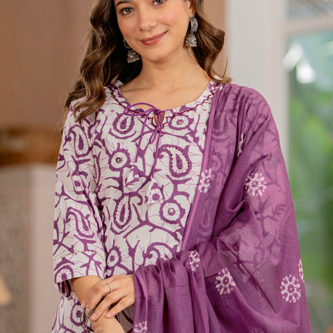 Women Mauve Botanical Print Mirror Work Cotton Kurta Pant Dupatta Set