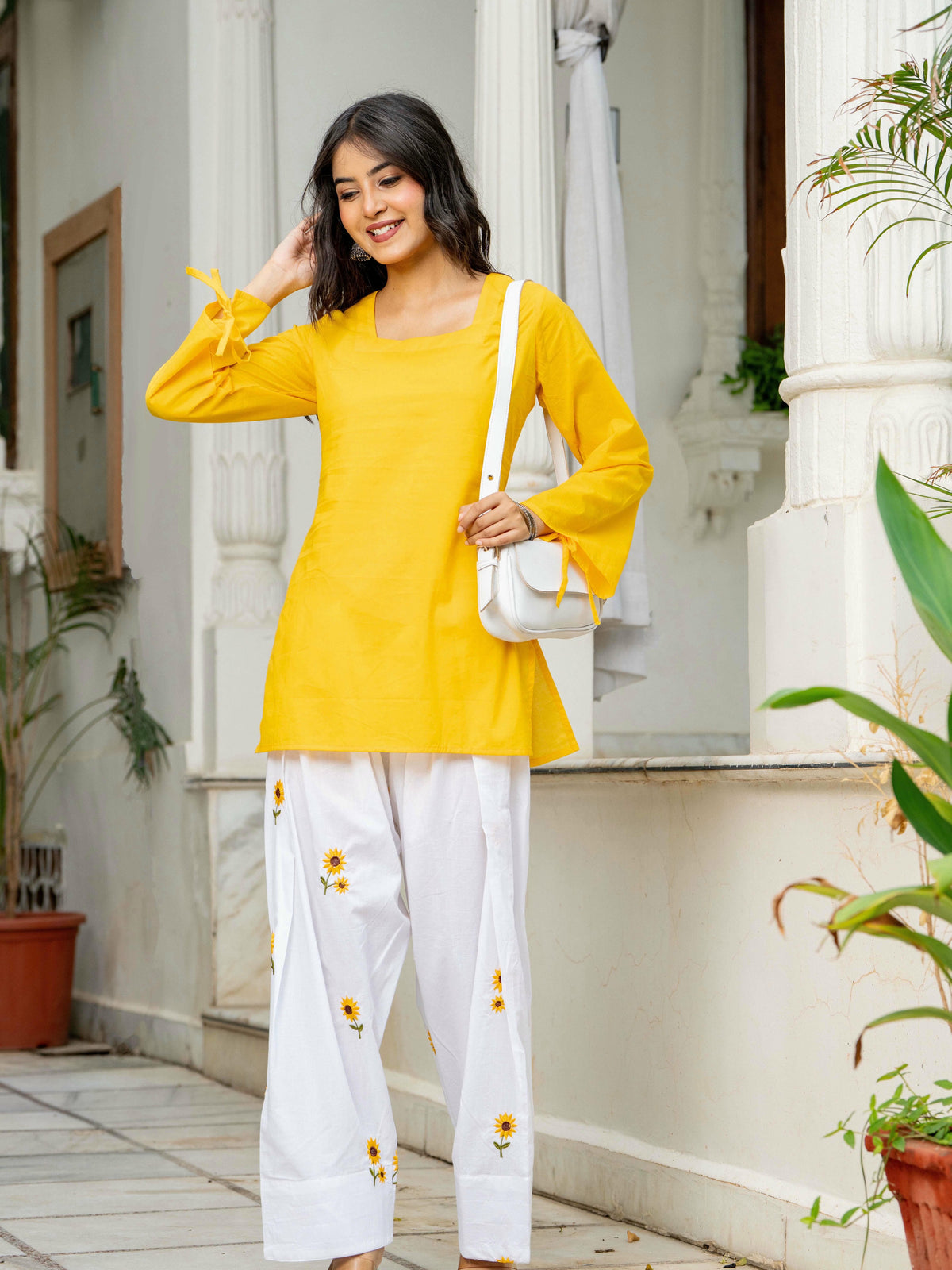 Women Yellow & White Sunflower Embroidered Cotton Farshi Salwar Set