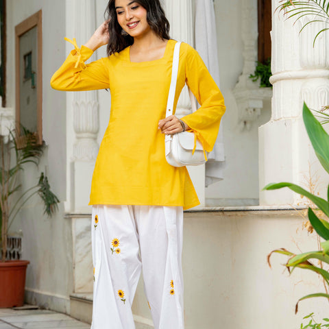 Women Yellow & White Sunflower Embroidered Cotton Farshi Salwar Set