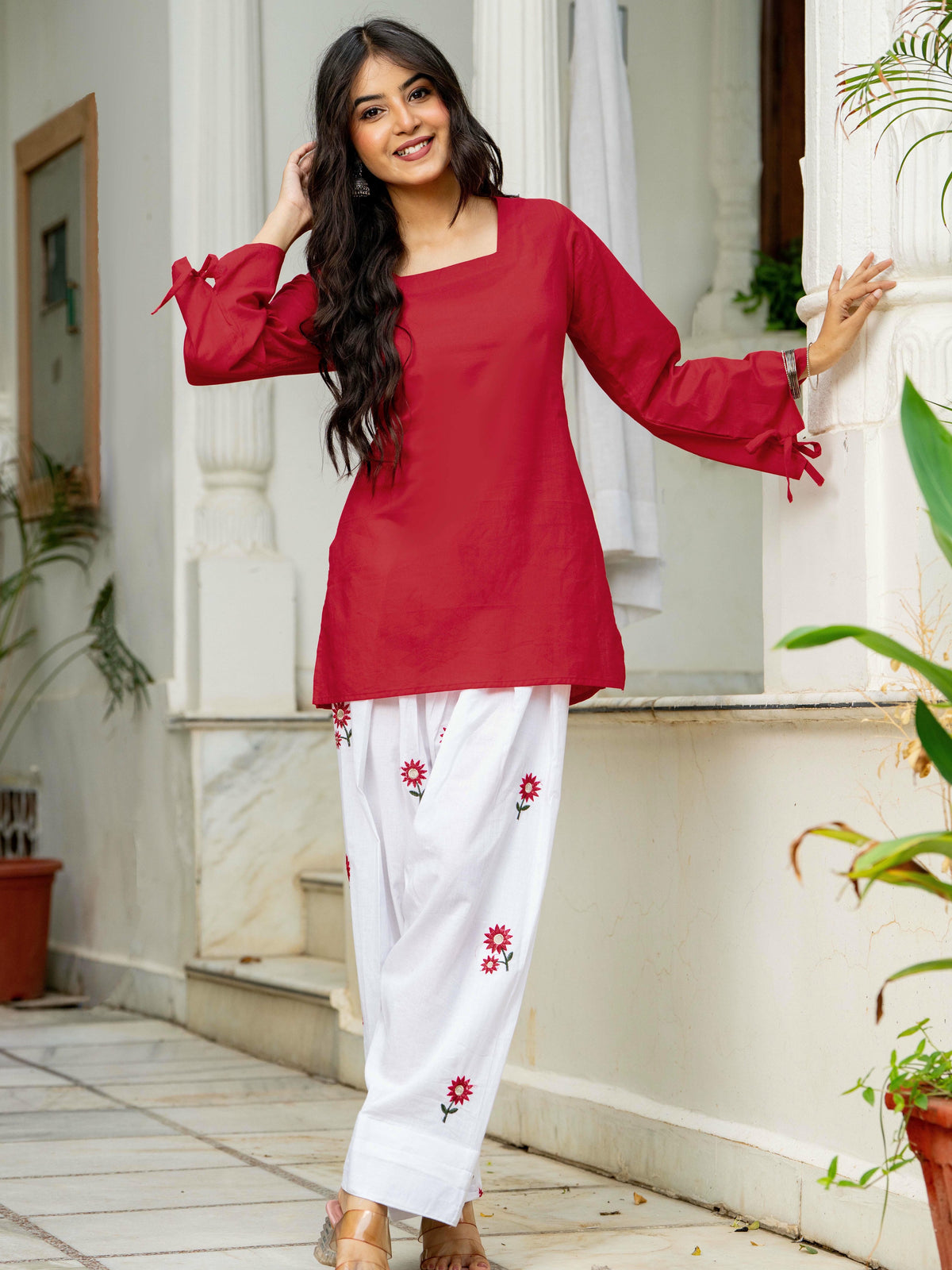 Women Red & White Embroidered Square Neck Short Kurti with Farshi Salwar