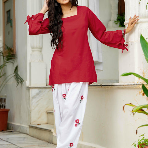 Women Red & White Embroidered Square Neck Short Kurti with Farshi Salwar