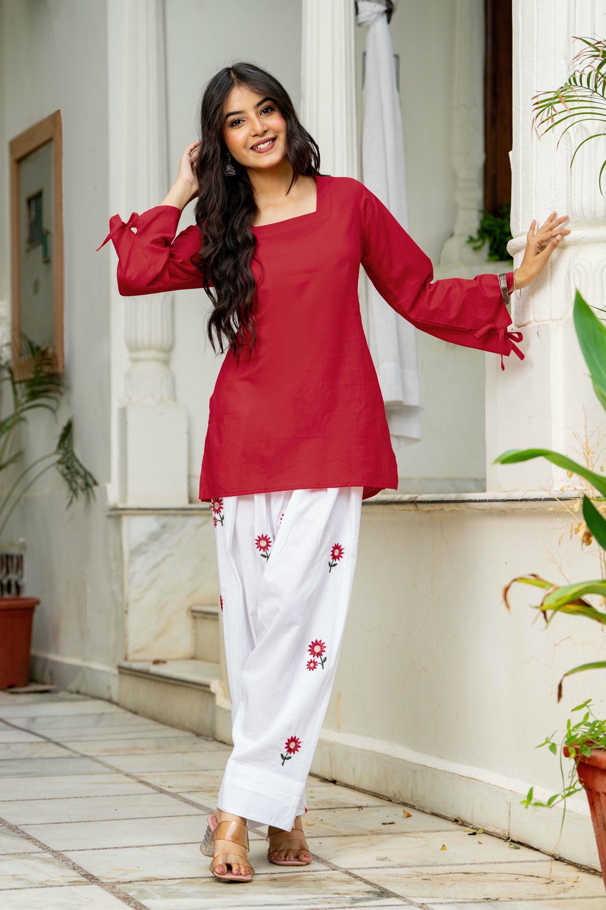 Women Red & White Embroidered Square Neck Short Kurti with Farshi Salwar