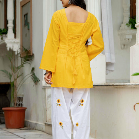 Women Yellow & White Sunflower Embroidered Cotton Farshi Salwar Set