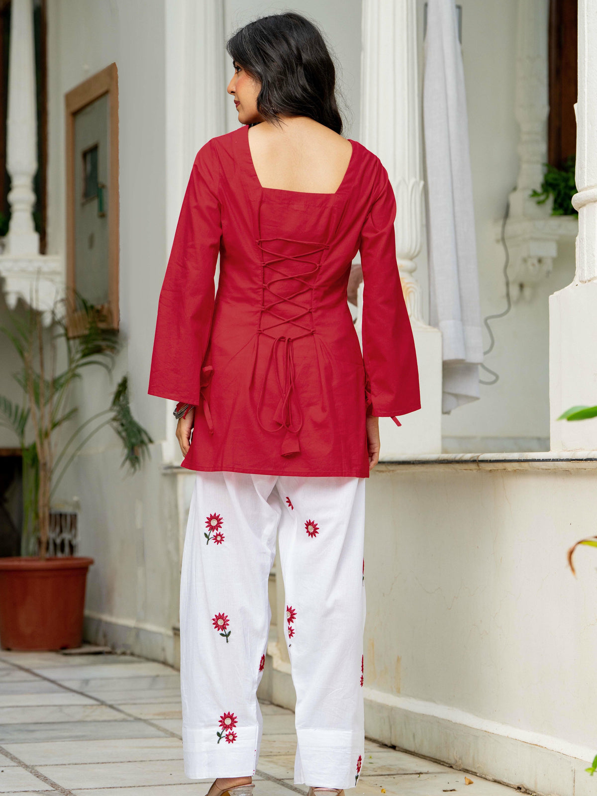 Women Red & White Embroidered Square Neck Short Kurti with Farshi Salwar