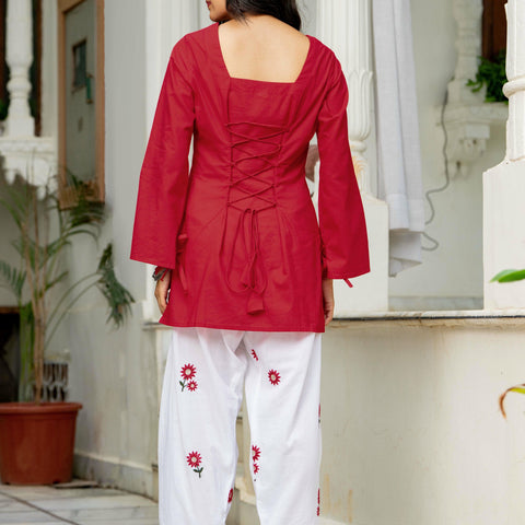 Women Red & White Embroidered Square Neck Short Kurti with Farshi Salwar